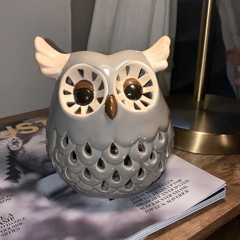 Grey brown tan owl candleholder counter decorative animal fixture ceramic glass - Picture 1 of 14